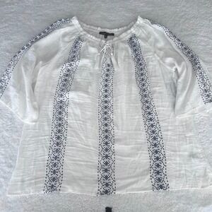 Always Indigo White Boho Peasant Blouse 1X Embroidered Tassel Tie Cotton Top